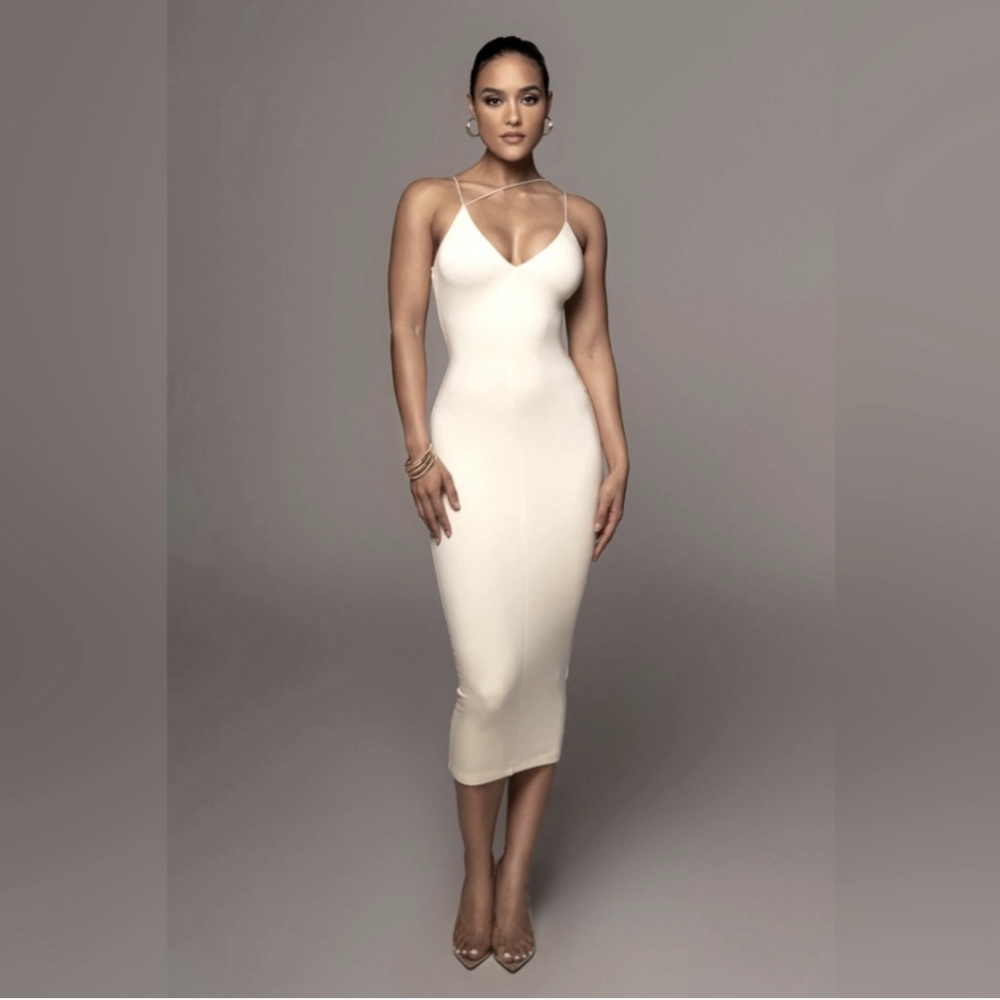 JLUXLABEL Cream Bodycon Spaghetti Strap Midi Dress